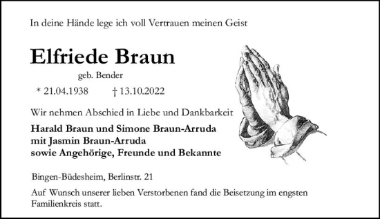 Traueranzeige von Elfriede Braun von vrm-trauer Allgemeine  Zeitung Ingelheim-Bingen