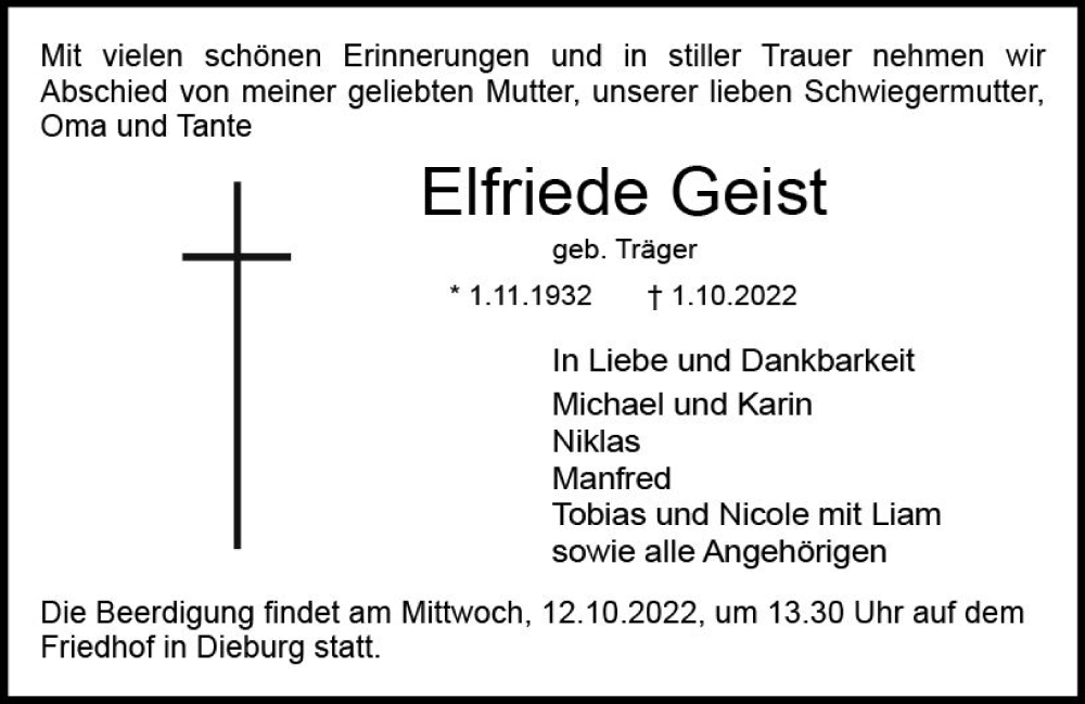 Traueranzeige für Elfriede Geist vom 08.10.2022 aus vrm-trauer DieburgerAnzeiger/Groß-Zimmerner Lokala