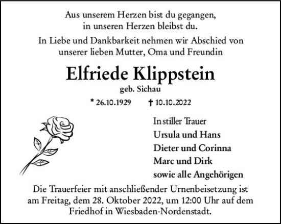 Traueranzeige von Elfriede Klippstein von vrm-trauer Wiesbadener Kurier
