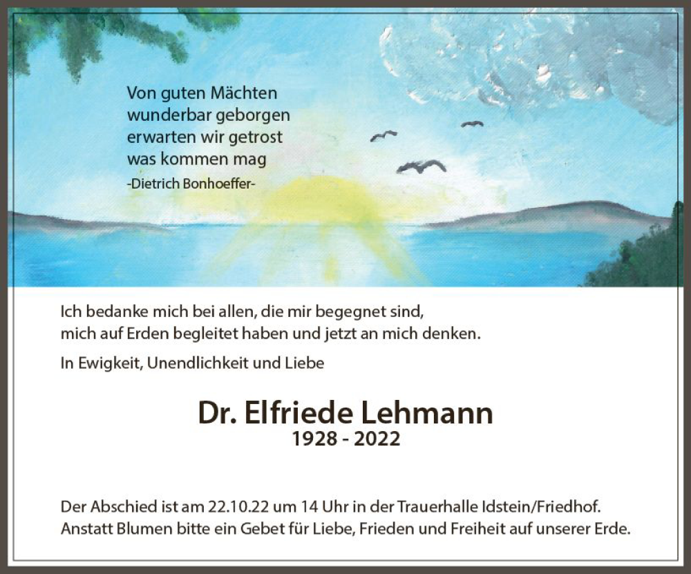  Traueranzeige für Elfriede Lehmann vom 15.10.2022 aus vrm-trauer Idsteiner Zeitung