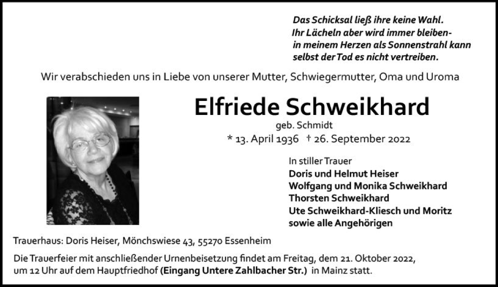  Traueranzeige für Elfriede Schweikhard vom 15.10.2022 aus vrm-trauer AZ Mainz