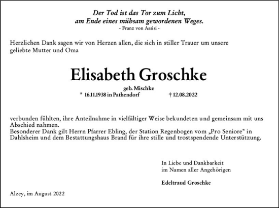 Traueranzeige von Elisabeth Groschke von vrm-trauer Allgemeine Zeitung Alzey