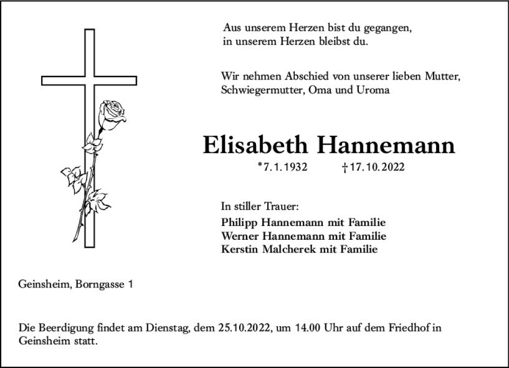  Traueranzeige für Elisabeth Hannemann vom 21.10.2022 aus vrm-trauer Groß-Gerauer Echo
