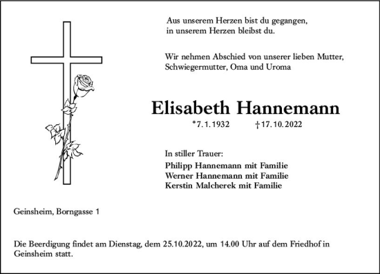 Traueranzeige von Elisabeth Hannemann von vrm-trauer Groß-Gerauer Echo
