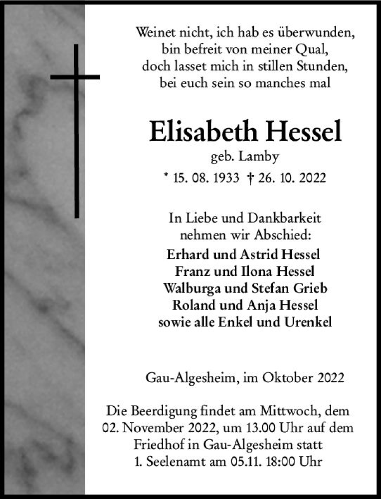  Traueranzeige für Elisabeth Hessel vom 29.10.2022 aus vrm-trauer Allgemeine  Zeitung Ingelheim-Bingen