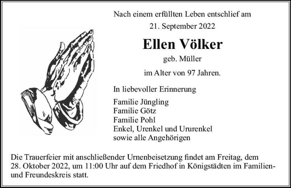  Traueranzeige für Ellen Völker vom 15.10.2022 aus vrm-trauer Rüsselsheimer Echo / MainSpitze
