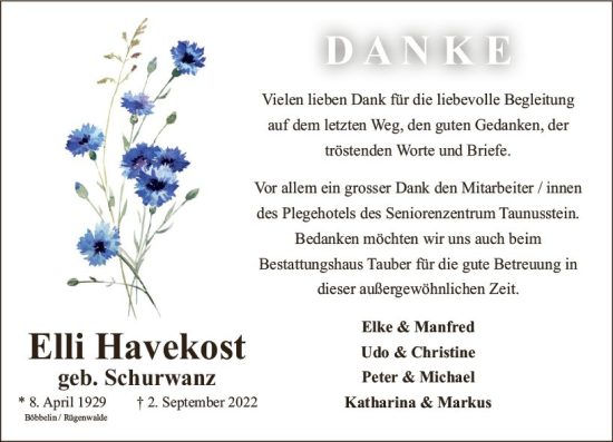 Traueranzeige von Elli Havekost von vrm-trauer Wiesbadener Kurier