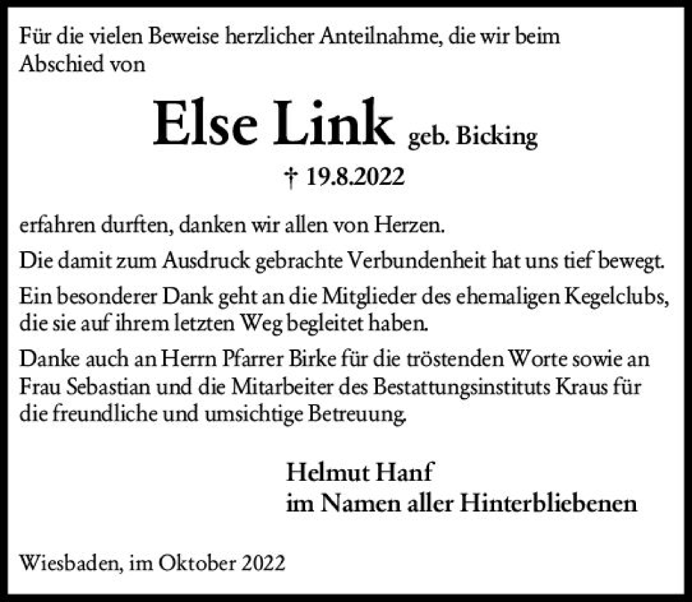  Traueranzeige für Else Link vom 22.10.2022 aus vrm-trauer Wiesbadener Kurier