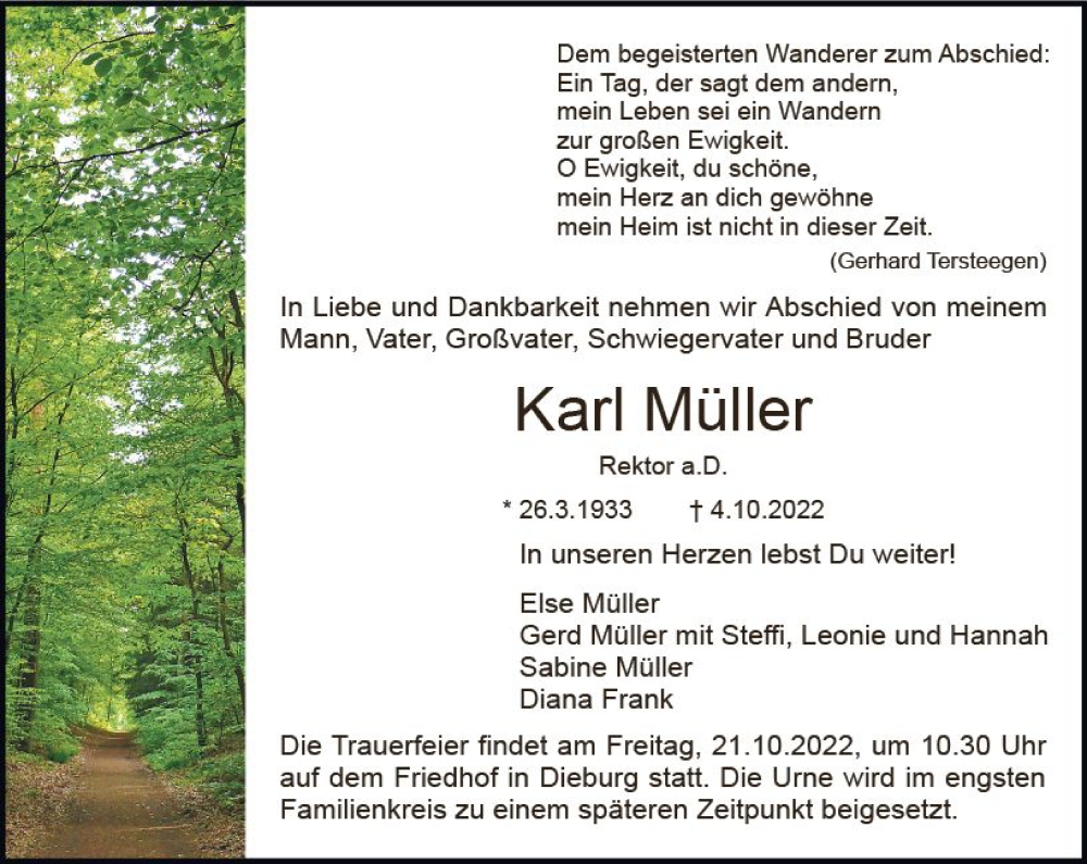  Traueranzeige für Karl Müller vom 15.10.2022 aus vrm-trauer DieburgerAnzeiger/Groß-Zimmerner Lokala