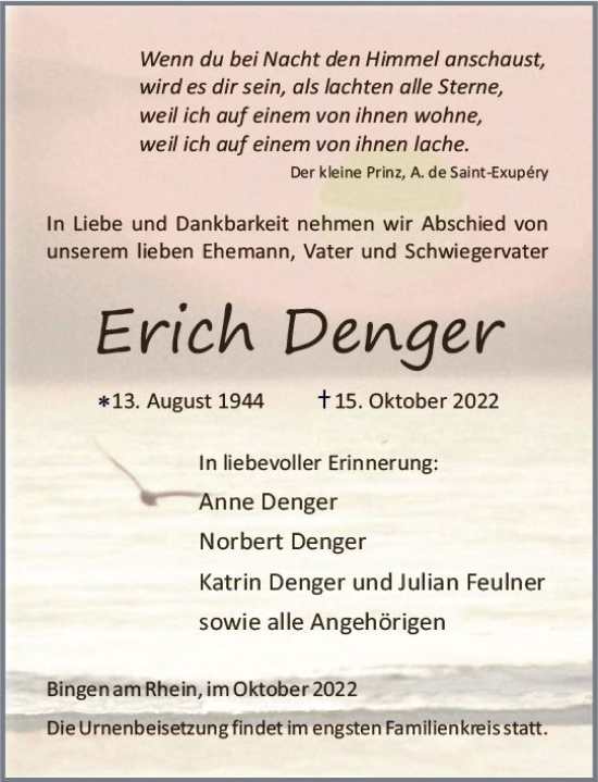 Traueranzeige von Erich Denger von vrm-trauer Wormser Zeitung