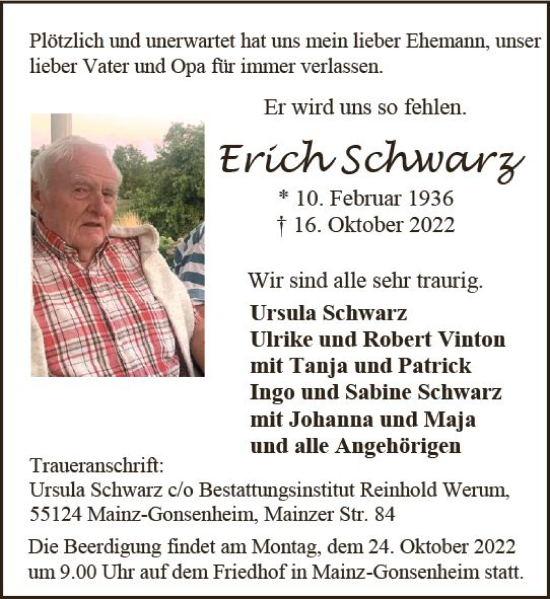 Traueranzeige von Erich Schwarz von vrm-trauer AZ Mainz