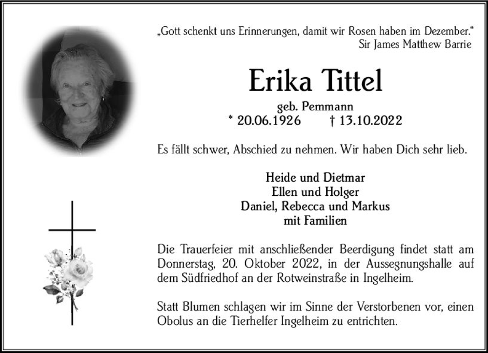  Traueranzeige für Erika Tittel vom 18.10.2022 aus vrm-trauer Allgemeine  Zeitung Ingelheim-Bingen