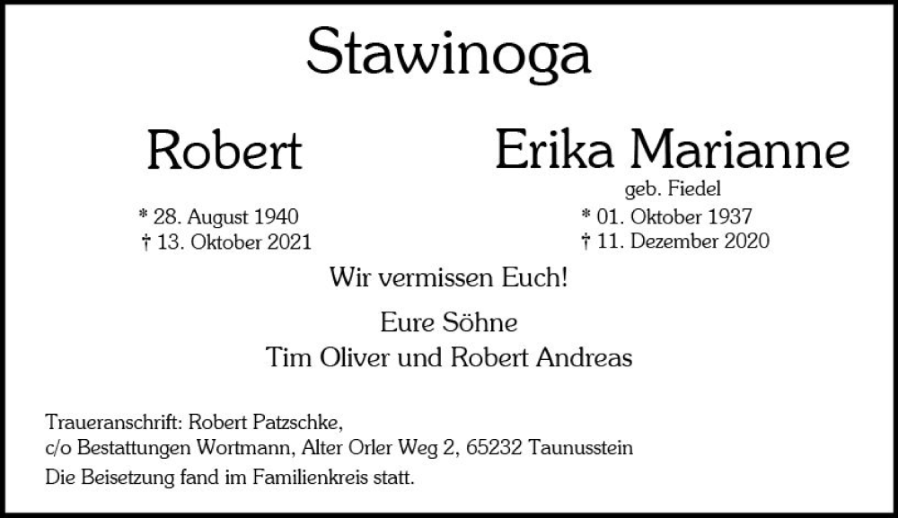  Traueranzeige für Erika Marianne Stawinoga vom 29.10.2022 aus vrm-trauer Wiesbadener Kurier