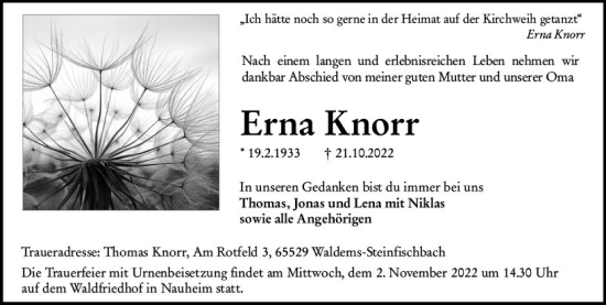 Traueranzeige von Erna Knorr von vrm-trauer Rüsselsheimer Echo / MainSpitze