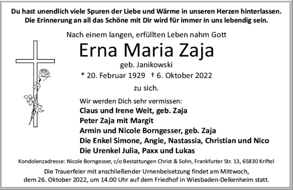  Traueranzeige für Erna Maria Zaja vom 22.10.2022 aus vrm-trauer Wiesbadener Kurier