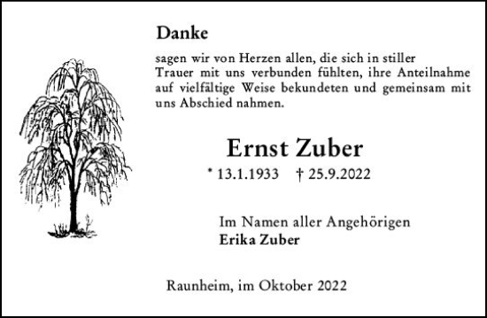 Traueranzeige von Ernst Zuber von vrm-trauer Rüsselsheimer Echo / MainSpitze