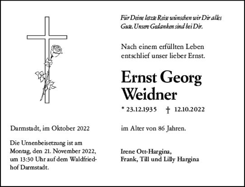  Traueranzeige für Ernst Georg Weidner vom 29.10.2022 aus vrm-trauer Darmstädter Echo