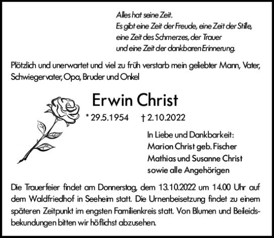 Traueranzeige von Erwin Christ von vrm-trauer Darmstädter Echo