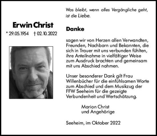 Traueranzeige von Erwin Christ von vrm-trauer Darmstädter Echo