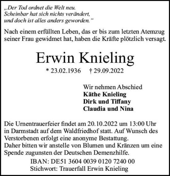 Traueranzeige von Erwin Knieling von vrm-trauer Darmstädter Echo