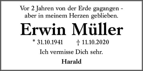 Traueranzeige von Erwin Müller von vrm-trauer Wiesbadener Kurier