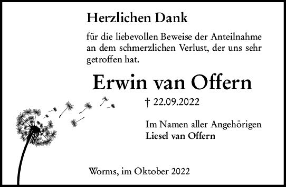  Traueranzeige für Erwin van Offern vom 22.10.2022 aus vrm-trauer Wormser Zeitung