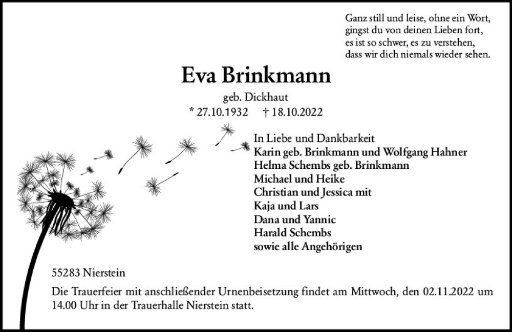  Traueranzeige für Eva Brinkmann vom 29.10.2022 aus vrm-trauer AZ Mainz