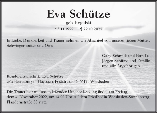 Traueranzeige von Eva Schütze von vrm-trauer Wiesbadener Kurier