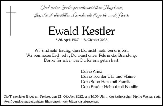 Traueranzeige von Ewald Kestler von vrm-trauer Wiesbadener Kurier
