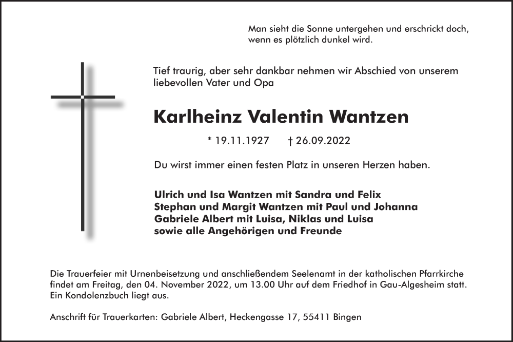  Traueranzeige für Karlheinz Valentin Wantzen vom 01.10.2022 aus vrm-trauer Allgemeine  Zeitung Ingelheim-Bingen