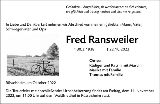Traueranzeige von Fred Ransweiler von vrm-trauer Rüsselsheimer Echo / MainSpitze