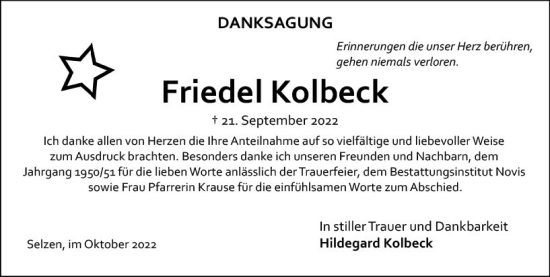 Traueranzeige von Friedel Kolbeck von vrm-trauer AZ Mainz
