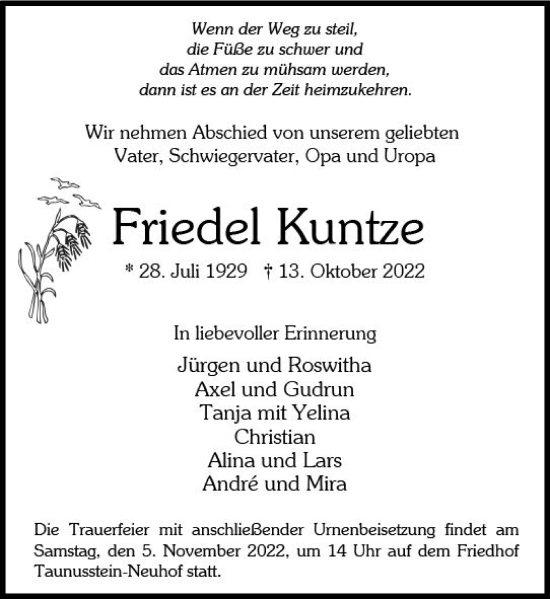 Traueranzeige von Friedel Kuntze von vrm-trauer Wiesbadener Kurier