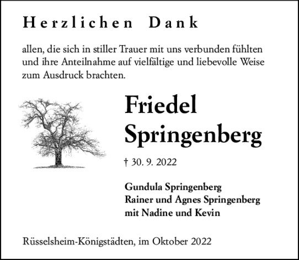  Traueranzeige für Friedel Springenberg vom 22.10.2022 aus vrm-trauer Rüsselsheimer Echo / MainSpitze