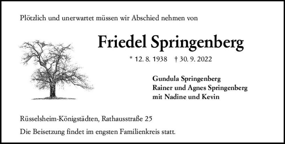  Traueranzeige für Friedel Springenberg vom 15.10.2022 aus vrm-trauer Rüsselsheimer Echo / MainSpitze