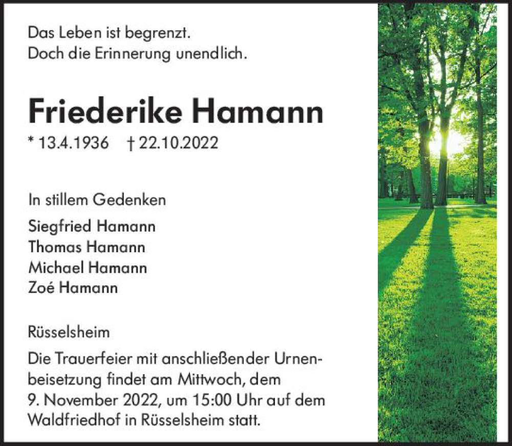  Traueranzeige für Friederike Hamann vom 29.10.2022 aus vrm-trauer Rüsselsheimer Echo / MainSpitze