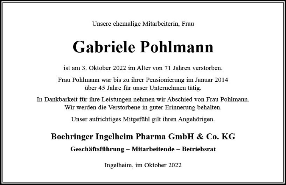  Traueranzeige für Gabriele Pohlmann vom 21.10.2022 aus vrm-trauer Allgemeine  Zeitung Ingelheim-Bingen