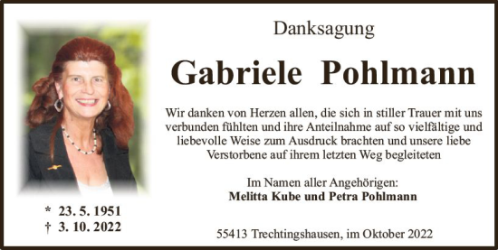 Traueranzeige von Gabriele Pohlmann von vrm-trauer Allgemeine  Zeitung Ingelheim-Bingen