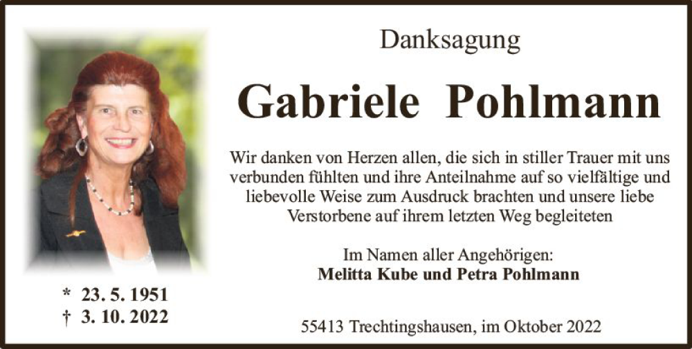  Traueranzeige für Gabriele Pohlmann vom 29.10.2022 aus vrm-trauer Allgemeine  Zeitung Ingelheim-Bingen