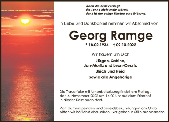 Traueranzeige von Georg Ramge von vrm-trauer Odenwälder Echo