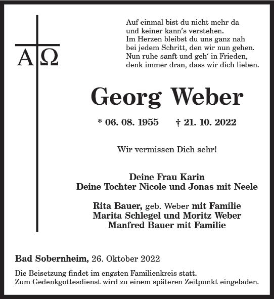  Traueranzeige für Georg Weber vom 26.10.2022 aus vrm-trauer Allg. Zeitung Bad Kreuznach