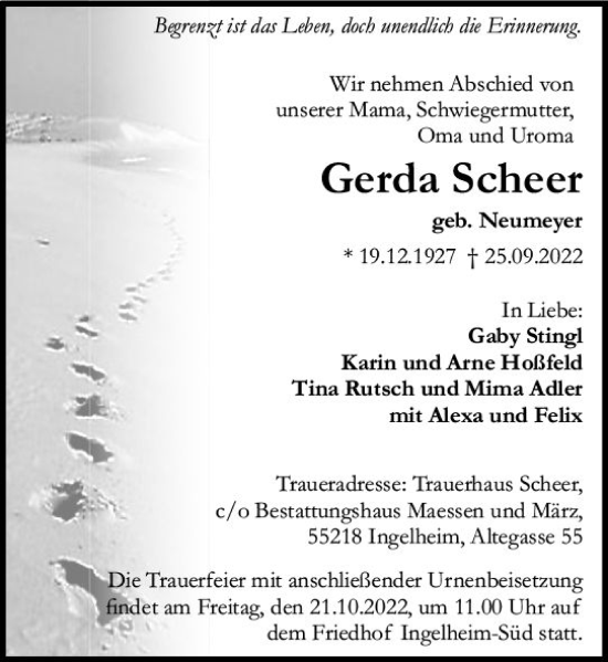Traueranzeige von Gerda Scheer von vrm-trauer Allgemeine  Zeitung Ingelheim-Bingen