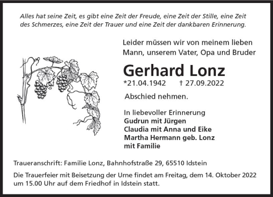 Traueranzeige von Gerhard Lonz von vrm-trauer Idsteiner Zeitung