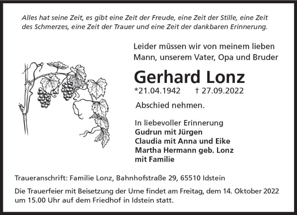  Traueranzeige für Gerhard Lonz vom 08.10.2022 aus vrm-trauer Idsteiner Zeitung