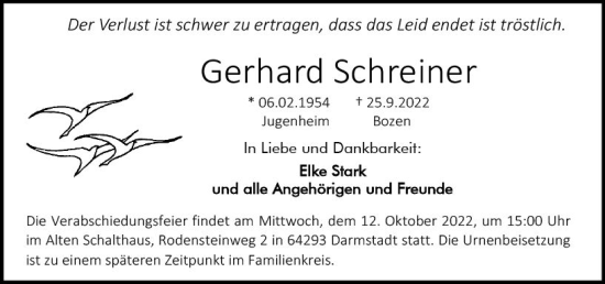 Traueranzeige von Gerhard Schreiner von vrm-trauer Darmstädter Echo