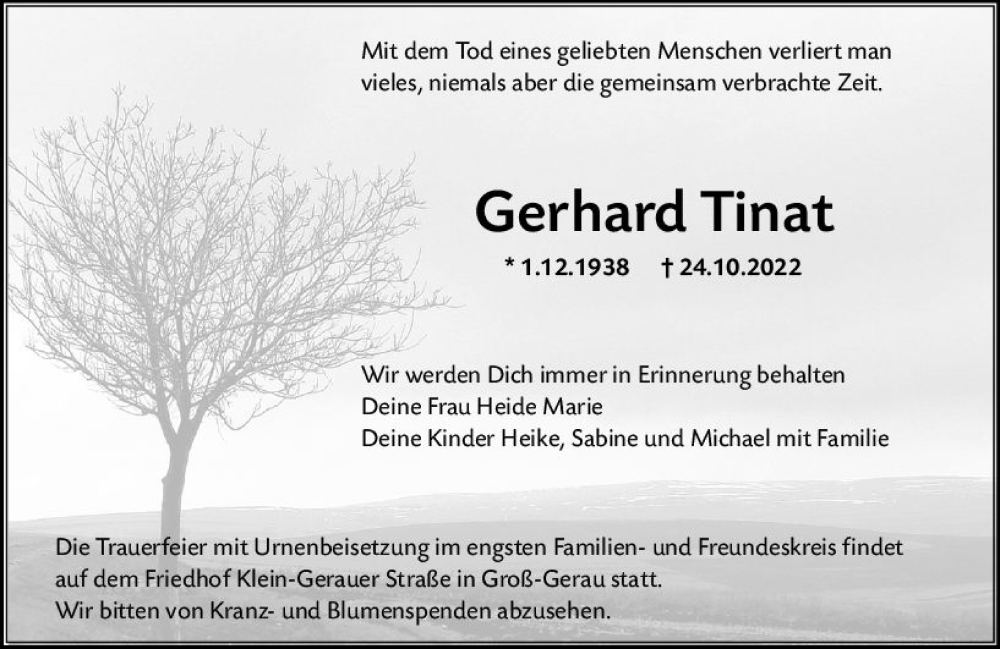  Traueranzeige für Gerhard Tinat vom 29.10.2022 aus vrm-trauer Groß-Gerauer Echo