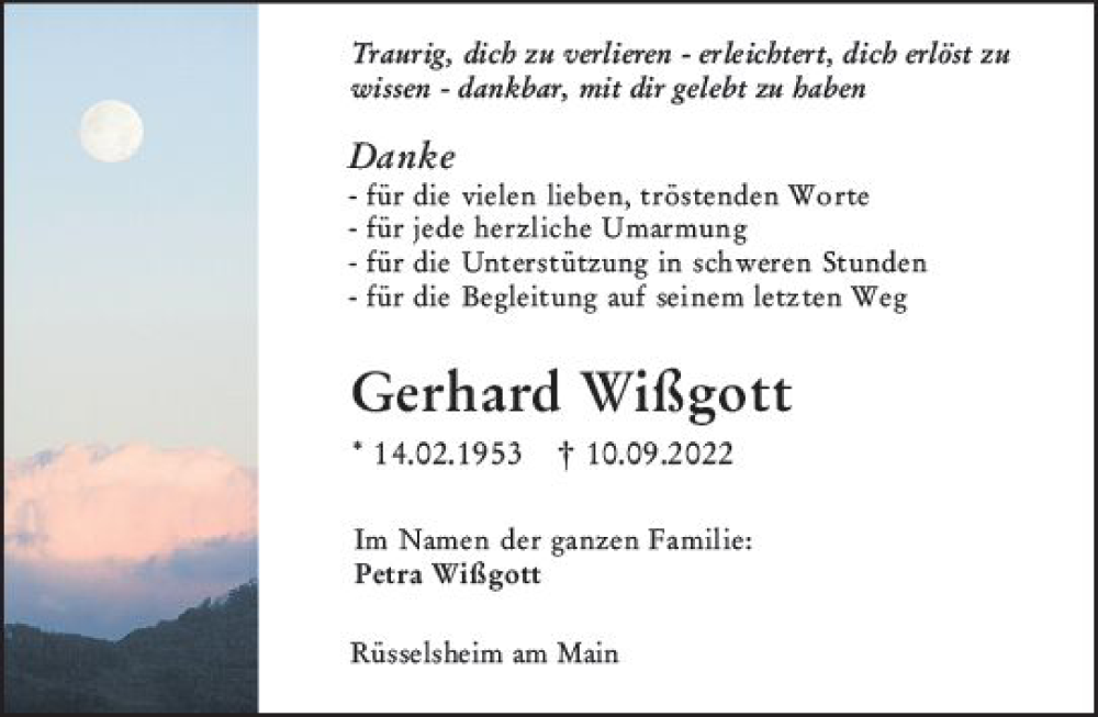  Traueranzeige für Gerhard Wißgott vom 08.10.2022 aus vrm-trauer Rüsselsheimer Echo / MainSpitze