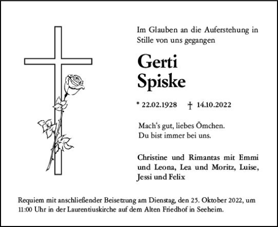 Traueranzeige von Gerti Spiske von vrm-trauer Darmstädter Echo