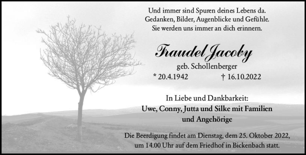  Traueranzeige für Gertraude Jacoby vom 22.10.2022 aus vrm-trauer Darmstädter Echo