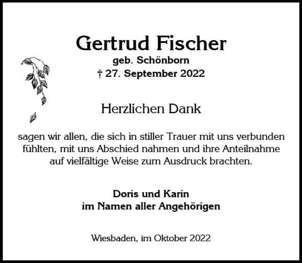  Traueranzeige für Gertrud Fischer vom 22.10.2022 aus vrm-trauer Wiesbadener Kurier